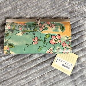 Patricia Nash Cauchy Leather Frame Floral Wallet RFID Beautiful Girl Tan Green
